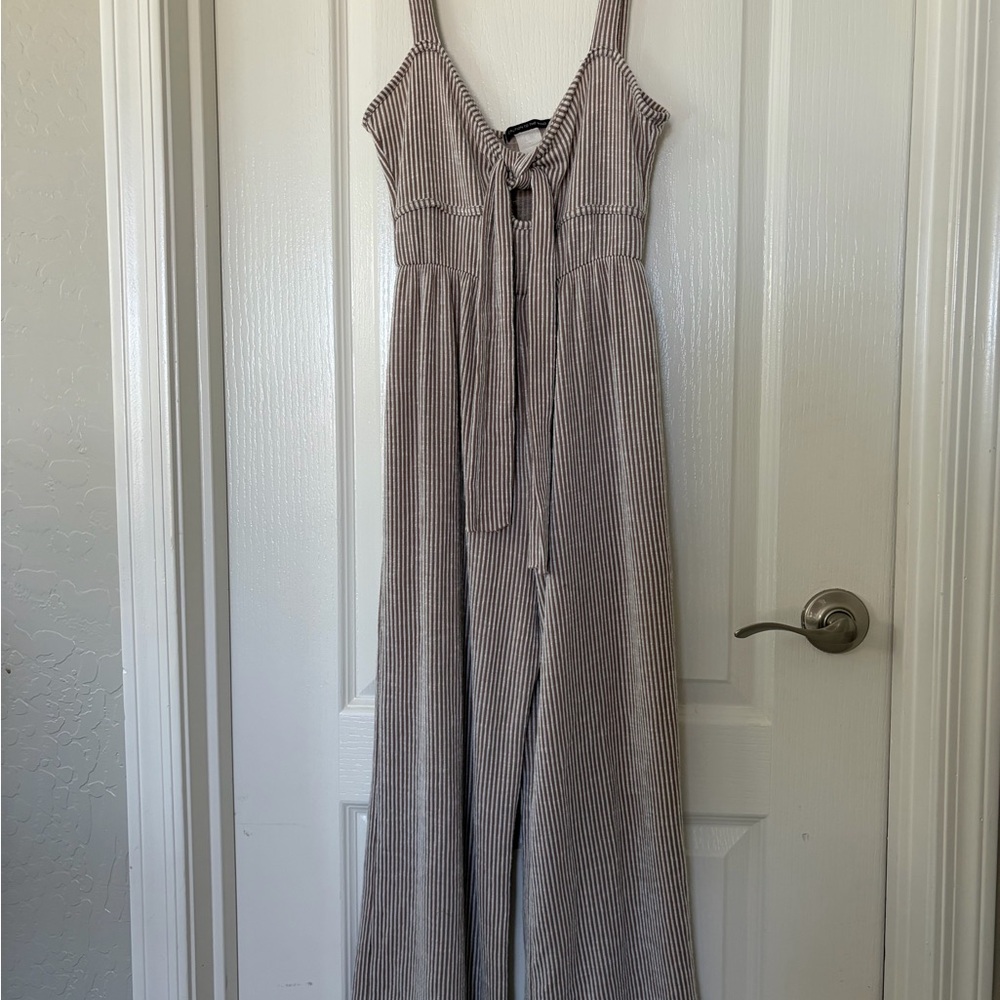 Caution To The Wind Taupe and White Striped Tie-Front Jumpsuit